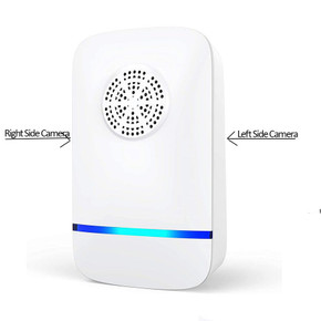 4K UHD WiFi Security Camera Dummy Insect Repellant, white security device with dual cameras and a blue LED light strip at the bottom.