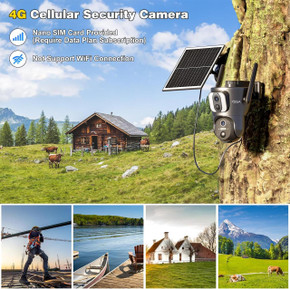 4G Cellular Security Camera【Dual Lens】 Outdoor with SIM Card, 14400mAh 2K HD Wireless Solar PTZ Motion Detection Spotlight Siren TF Cloud Storage, mounted on a tree in a rural landscape with a wooden house, cows, and mountains.
