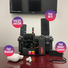 DD1207 Pro Multi-Channel Detector + Spy Finder, multi-channel security detector kit displayed with antennas, handheld spy finder, and case, designed to detect GPS, GSM, Wi-Fi, Bluetooth signals, and hidden cameras.