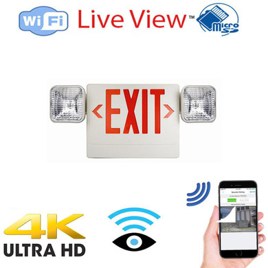 Csc Electronics 4K UHD Exit Sign WiFi Security Camera and DVR with Wireless Streaming Video, hardwired surveillance system, 4K Ultra HD security cam, live video monitoring from smartphone, LED exit sign with motion sensors.