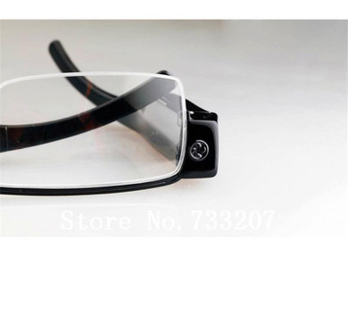 Thin Frame Eyeglasses with Built-in DVR 1920x1080, close-up view of the sleek sunglasses with hidden camera lens on side.