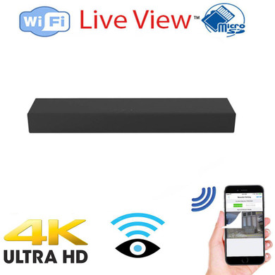 Csc Electronics 4K UHD Sound Bar WiFi Surveillance Camera with WiFi and DVR, wireless streaming video for PC, tablet, and mobile devices, shown with a smartphone viewing live camera feed.