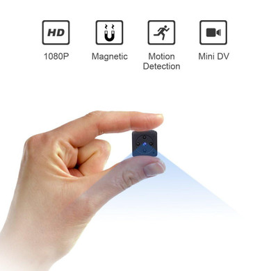 Custom Wifi Mini Magnetic Camera, compact black mini camera with blue indicator light and magnetic back, used for indoor security with 1080P HD resolution, night vision, and motion detection features.