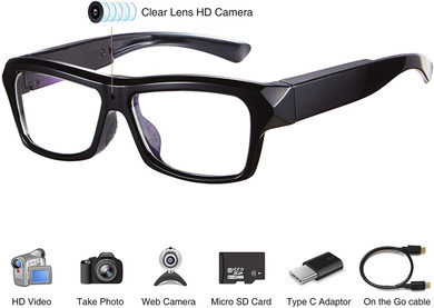 Atlantic Electronics Sport Eye Glasses Camera with Full 1080P HD Camera and Loop Recording, black smart glasses with built-in HD camera lens for covert video recording.