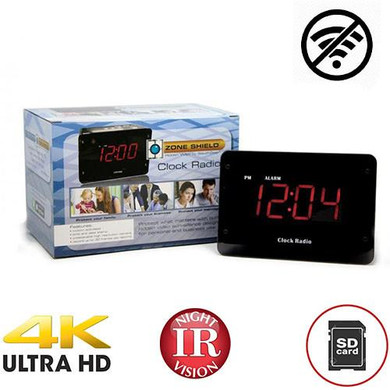 Kjb Security 4K Night Vision Clock Radio DVR, digital clock radio with night vision infrared, supports up to 128GB SD card for video recording, no WiFi needed, compact black design.