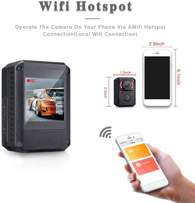 Gio Enterprises Body Camera for Law Enforcement with Night Vision, HD 1080P, Motion Detection, Mini Body Worn Camera, WiFi Wireless Security Personal Camera with Phone App, shown connected to a smartphone and positioned next to a smaller camera device with dimensions.