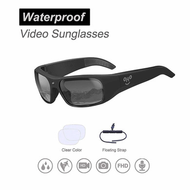 Gio Enterprises 1080P HD Waterproof Video Sunglasses, black sunglasses with polarized UV400 protection safety lenses and built-in full HD camera, includes clear replacement lenses and floating strap.