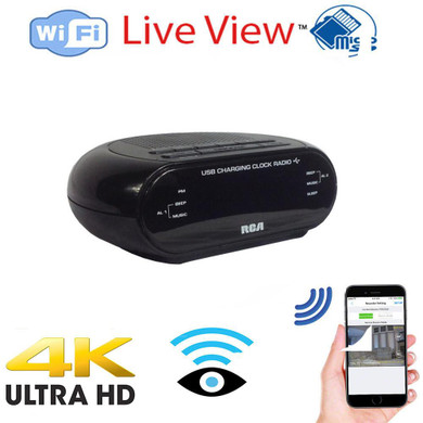 Csc Electronics 4K UHD RCA Clock Radio WiFi Surveillance Camera with Live Streaming Video, black clock radio with USB charging, LCD display, and remote viewing on smartphone.