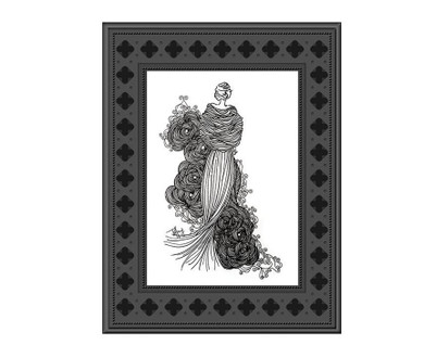 Atlantic Electronics WiFi Wireless IP Photo Frame with night vision, long 1-year battery life model, featuring a black decorative frame and displaying an elegant black and white sketch of a woman in a flowing dress.