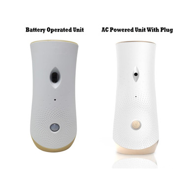 Csc Electronics 4K UHD WIFI Air Freshener Security Camera with Live Streaming Video, two versions featuring battery operated and AC powered units, white design with sensor and camera lens.