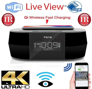 Csc Electronics 4K UHD iHome Clock Radio WiFi Surveillance Camera With Night Vision / Live View WiFi + Dvr and Streaming Video for PC, Tablet & more, digital clock radio with WiFi camera display and streaming capabilities.