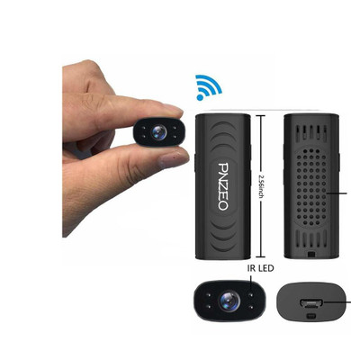 Gio Enterprises 1080P HD Wireless WiFi Remote Monitor Camera IP with Night Vision - Video Recorder Motion-Detection, compact black camera with infrared LED and WiFi symbol, dimensions of 2.55 inches in height, equipped with night vision and remote monitoring features.