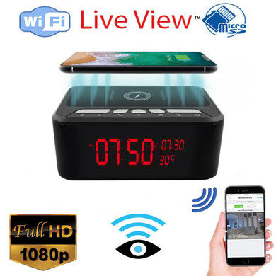 Alarm Clock-Wireless Phone Charger and Bluetooth Speaker with Night Vision Wi-Fi Surveillance Camera - Video Only, showing a multifunctional device with wireless charging, digital clock display, Bluetooth speaker controls, night vision camera, Wi-Fi connectivity, and remote viewing on a smartphone.