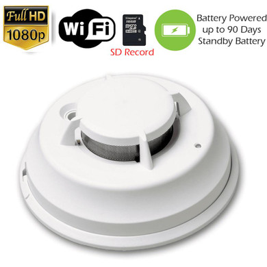 Csc electronics Battery Powered Dummy Commercial Grade Smoke Detector Fire Alarm WiFi Security Camera, white smoke detector with wireless connectivity, SD card record, and long-lasting battery standby for up to 90 days.