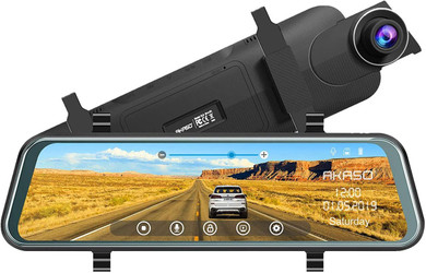 Custom Wifi Mirror Dash Camera for Cars - 10'' Backup Camera 1080P Dual Dash Cam Front and Rear Stream Media Touch Screen DVR with Sony IMX307 G-Sensor Parking Monitor 32 GB SD Card, overview of the dash camera showing the interchangeable front display with a road view