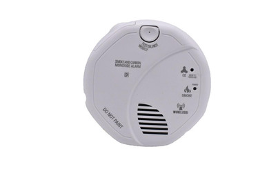 Mini Gadgets Hard Wired Functioning Smoke Detector WiFi Nanny 4K UHD Security Camera (Hard Wired), close-up of a white smoke and carbon monoxide detector with various icons and labels.