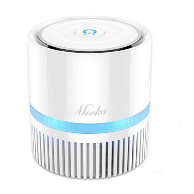 Csc Electronics 4K UHD Wi-Fi Air Purifier Security Camera with Live Streaming Video, modern white device with blue ambient light and sleek design.