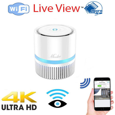 Csc Electronics 4K UHD Wi-Fi Air Purifier Security Camera with Live Streaming Video, showing a white compact air purifier with blue accents and a smartphone displaying live camera feed for home security.