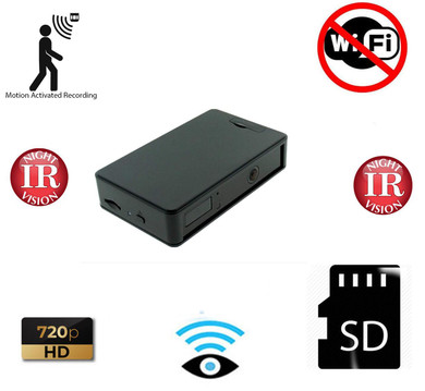 Black Box Low-Light Infrared Sensor Security Camera with Active PIR, compact black security camera for home or office surveillance with night vision and motion-activated recording features.