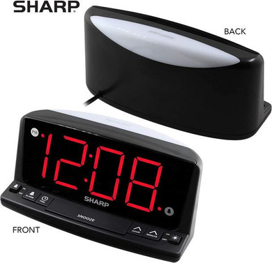 Csc Electronics Alarm Clock Security Camera with 4K UHD Live Streaming Video and SD Card Recording, black alarm clock with digital display and camera lens integrated into the front panel.