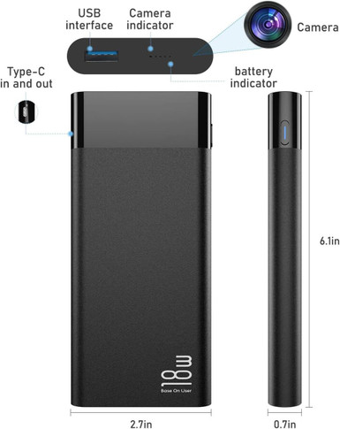 Gio Enterprises Power Bank WiFi Camera, IR night vision, digital video security camera with USB interface, Type-C input/output, 6.1-inch height, black portable design.