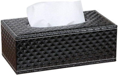 Tissue Box WiFi Hidden Spy Camera with 20 Hour Battery, Dual Band 2.5 + 5.8 GHz, black tissue box cover with quilted pattern and a tissue protruding from the top.