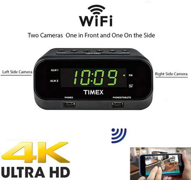 Alarm Clock With 4 UHD Duel WiFi Security Cameras Built Inside, digital clock with two side cameras and wifi connectivity for remote security monitoring.