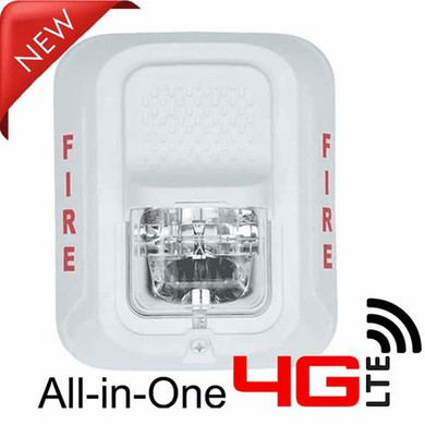 4G LTE All-in-One Battery Powered Fire Alarm Strobe Light Security Camera, front view of the device showing the alarm, light, and camera components.