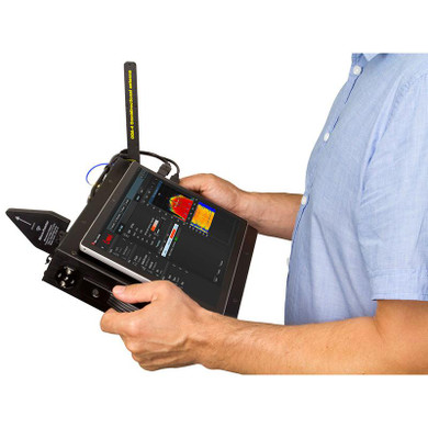 Delta S Countersurveillance Sweeping System, handheld electronic device with display showing radar and signal analysis, used for countersurveillance detection.