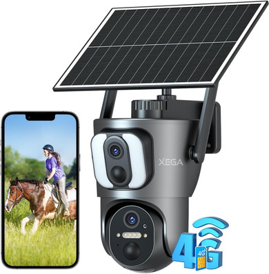 4G Cellular Security Camera【Dual Lens】 Outdoor with SIM Card, 14400mAh 2K HD Wireless Solar 4G LTE Camera, PTZ Motion Det detection Spotlight Siren TF Cloud Storage - outdoor security camera with solar panel and mobile phone display showing live footage.