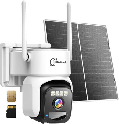 4G LTE Solar Security Camera Outdoor – No WiFi Needed, 2K UHD, 360° View, PIR Motion, Human Tracking, 2-Way Audio, Color Night Vision, Unlimited Data, with solar panels, camera, and microSD card.