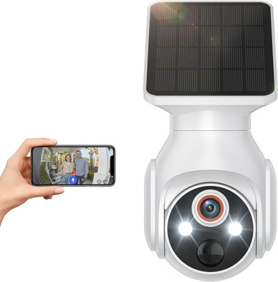 Solar-Powered 1080p Battery Camera, security cameras wireless outdoor for home surveillance, with AI human detection, cloud storage (sold separately), and 2.4G WiFi only, showing a person viewing live footage on a smartphone.