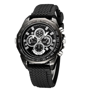 1080P HD Watch Camera Security Camera with Motion Detection, Night Vision, Built-in Storage 32G-Audio, close-up of a black wristwatch with multiple dials and features
