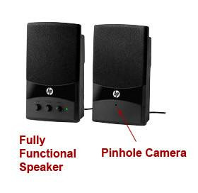 Csc electronics 4K UHD Computer Speakers WiFi Nanny Security Camera DVR with Wireless Streaming Video, two black speakers with a pinhole camera for PC, tablet, and more.