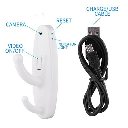 Built In DVR Clothes Hook Self Recording Camera with DVR 1280P HD, white clothes hook with camera features, video ON/OFF switch, reset button, indicator light, and a charge/USB cable for connectivity.