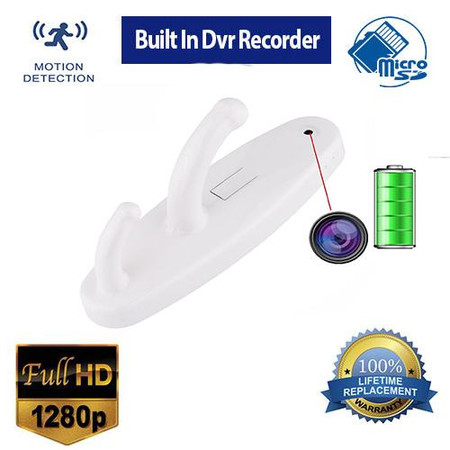 Built In Dvr Clothes Hook Self Recording Camera with DVR 1280P HD, white clothes hook with embedded camera lens and motion detection icon.