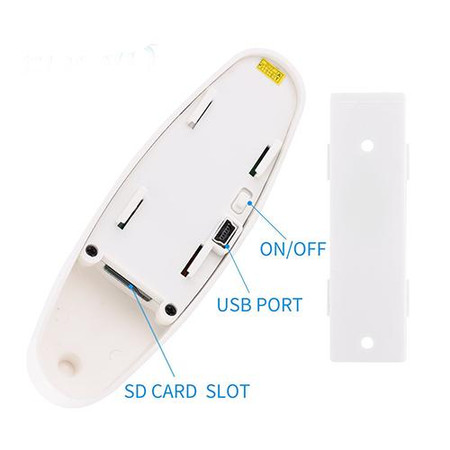 Built In Dvr Clothes Hook Self Recording Camera with DVR 1280P HD, showing the back of the device with labeled ON/OFF switch, USB port, and SD card slot.