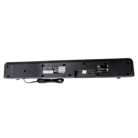 Csc Electronics 4K UHD Sound Bar WiFi Surveillance Camera, rear view of the black soundbar with various labels and a power cord