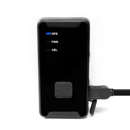 Kjb Security iTrail Solo 4G GPS Tracker, black portable device with indicator lights for GPS, PWR, and CEL connectivity.