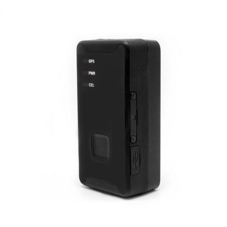 Kjb Security iTrail Solo 4G GPS Tracker, compact black GPS device with indicator lights labeled GPS, PWR, CEL and a side USB port.