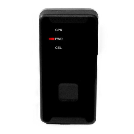 Kjb Security iTrail Solo 4G GPS Tracker, black compact device with indicator lights for GPS, PWR, and CEL connectivity.