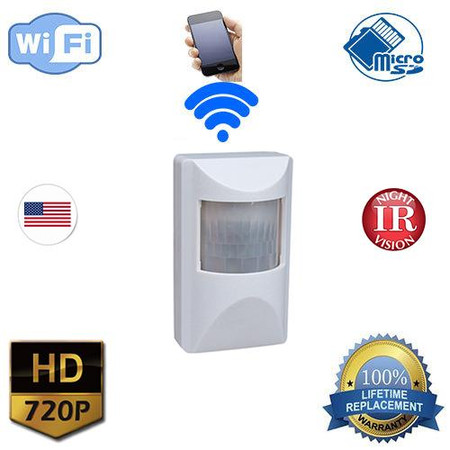 Motion Sensor Nanny Camera With WiFi+DVR W/ Wireless Streaming Video For PC, Tablet & More, compact white security camera with motion sensor and WiFi connectivity.