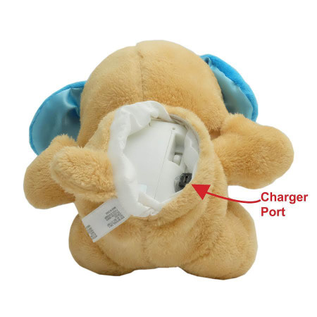 Mini Gadgets Plush Dog Wi-Fi Nanny Cam with 15 Hour Battery and Wireless Streaming Video for PC, Tablet & More, plush dog toy with a hidden camera and charger port.