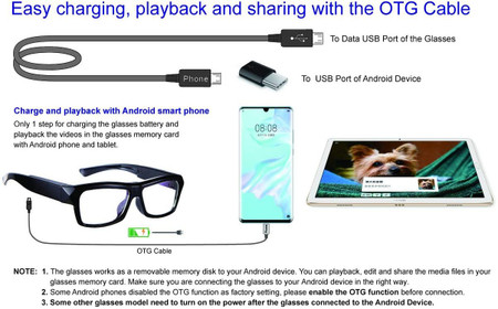 Atlantic Electronics Sport Eye Glasses Camera with Full 1080P HD Camera and Loop Recording, black sports glasses with integrated camera and OTG cable for charging and playback.