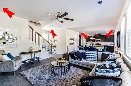 Csc Electronics Hard Wired Duel Camera Dummy Smoke Detector Nanny Security Camera DVR with Wireless Streaming Video for iPhone, Tablet and More, installed in a modern living room for home security.