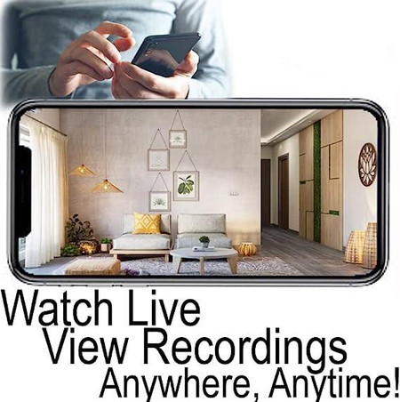 Csc Electronics Hard Wired Duel Camera Dummy Smoke Detector Nanny Security Camera Dvr with Wireless Streaming Video for iPhone, Tablet and More, showing a person using a smartphone to view live security footage on a large screen.