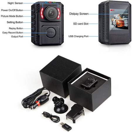 Gio Enterprises Body Camera for Law Enforcement with Night Vision, HD 1080P Motion Detection, Mini Body Worn Camera, WiFi Wireless Security Personal Camera with Phone App, includes accessories and packaging.