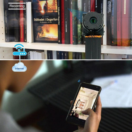 Csc electronics 4K UHD Co2 Detector WiFi Nanny Security Camera with Live View, WiFi + DVR, Streaming Video for PC, Tablet & More, front view of the security camera on bookshelf and person accessing camera feed on smartphone.