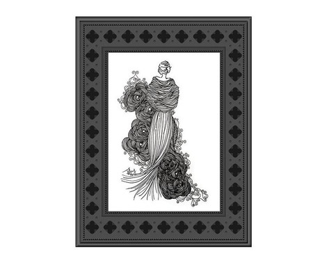 Atlantic Electronics WiFi Wireless IP Photo Frame with night vision, long 1-year battery life model, featuring a black decorative frame and displaying an elegant black and white sketch of a woman in a flowing dress.