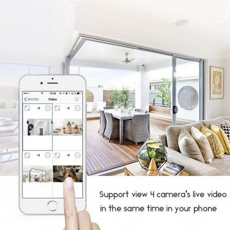 Csc Electronics 4K UHD WIFI Air Freshener Security Camera with Live Streaming Video, indoor living room with large sliding glass doors and remote live video monitoring on smartphone